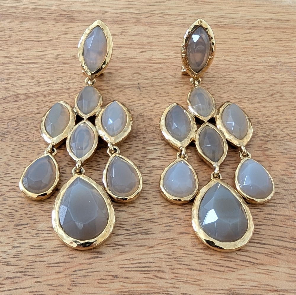 BCBG MAXAZRIA Gray Glass Stone Chandelier Earrings in Gold
